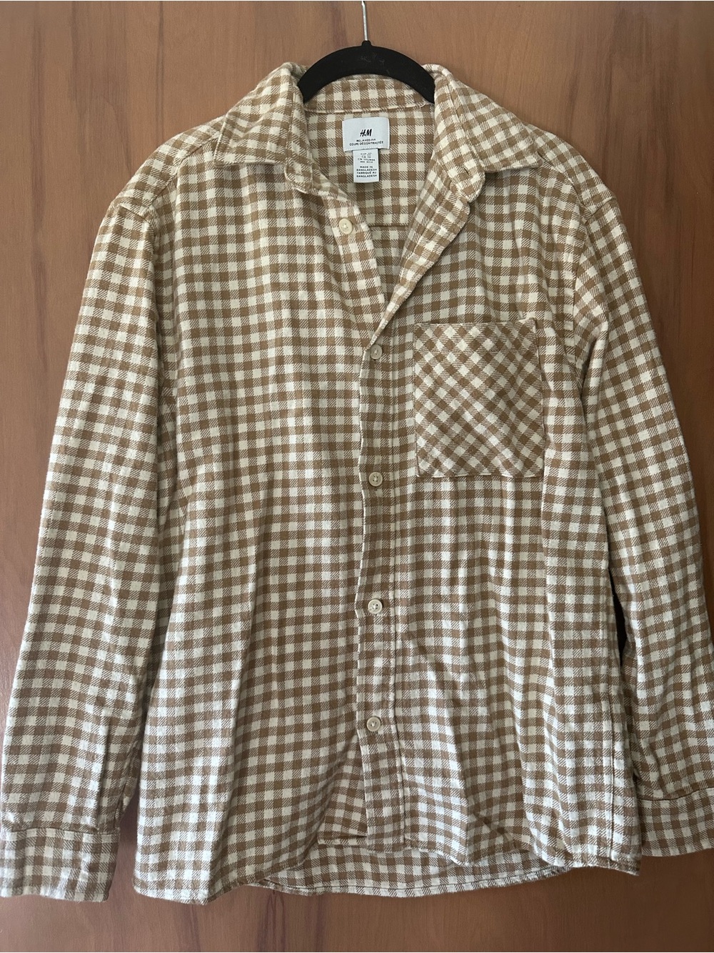 H&M Men's Tan and White Checker Button-Up Long Sleeve Shirt